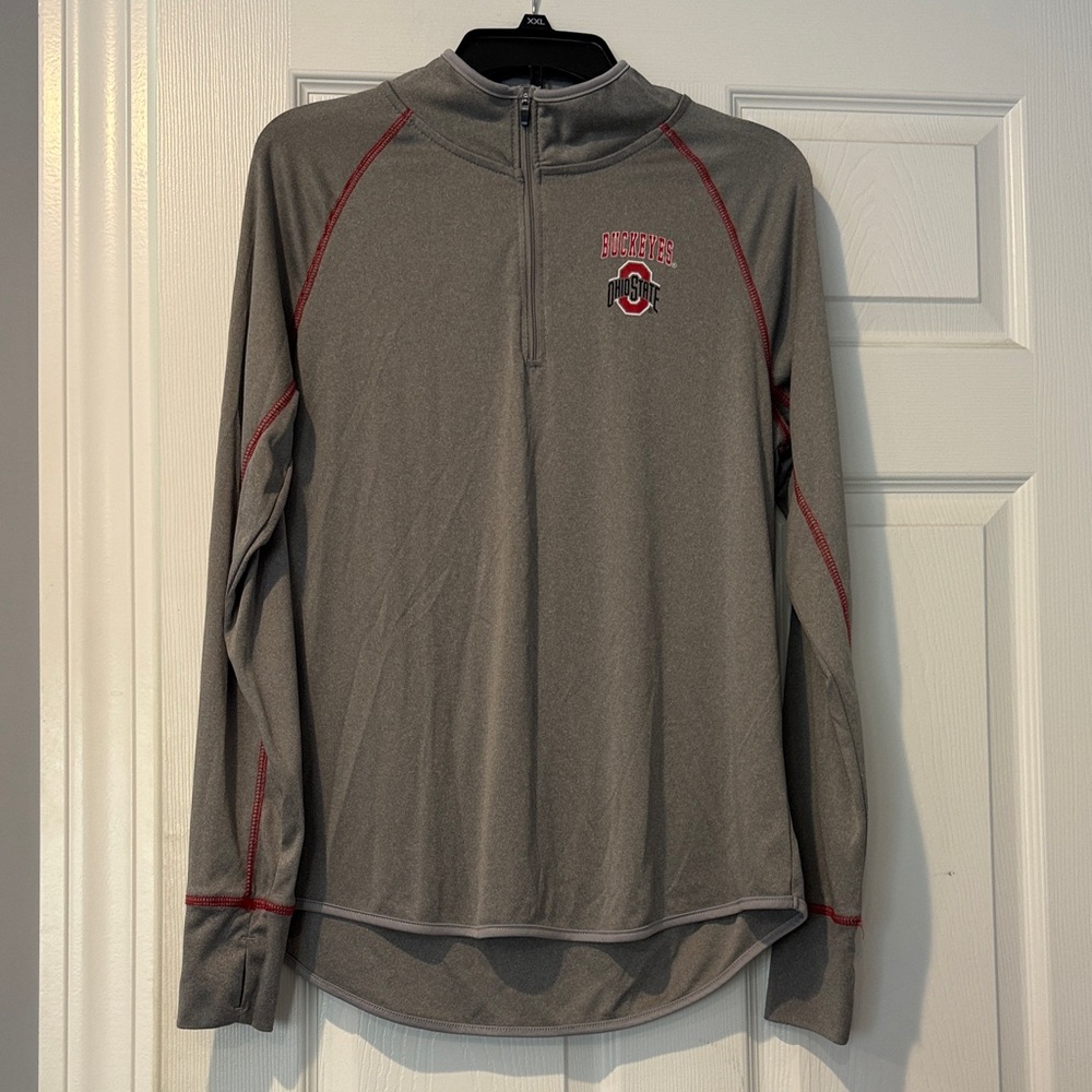Colosseum Gray Long Sleeve Tee with Red Accents and Thumb Holes on Sleeves
